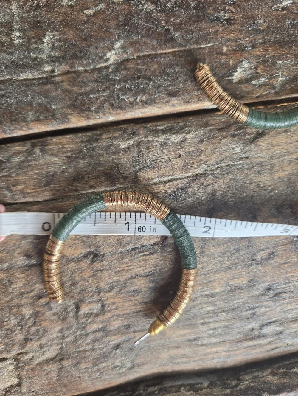 Womens Handmade Gold and Olive Green Wrapped Hoop Earrings 1.5